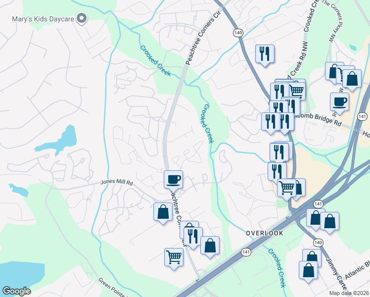 map of restaurants, bars, coffee shops, grocery stores, and more near 1215 Glenleaf Drive in Norcross