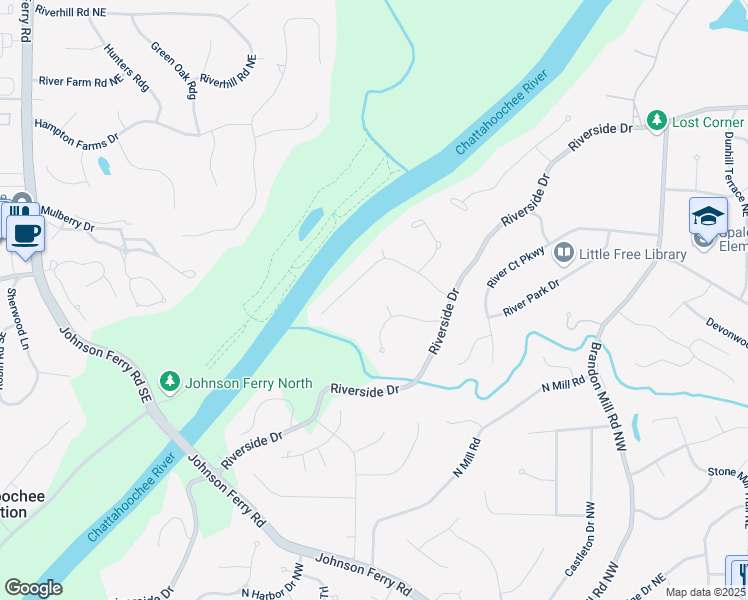 map of restaurants, bars, coffee shops, grocery stores, and more near 165 River North Court in Atlanta