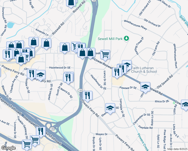 map of restaurants, bars, coffee shops, grocery stores, and more near Hazelwood Drive Southeast in Marietta