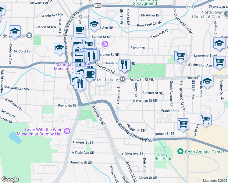 map of restaurants, bars, coffee shops, grocery stores, and more near 237 Waterman Street Southeast in Marietta