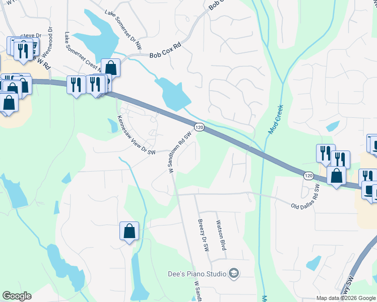 map of restaurants, bars, coffee shops, grocery stores, and more near 289 Rosemont Park Lane in Marietta