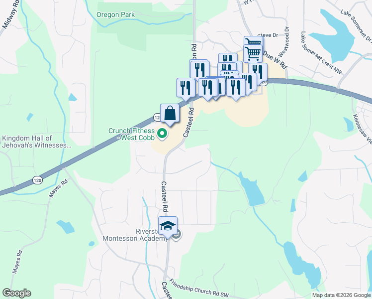 map of restaurants, bars, coffee shops, grocery stores, and more near 255 Casteel Road in Marietta