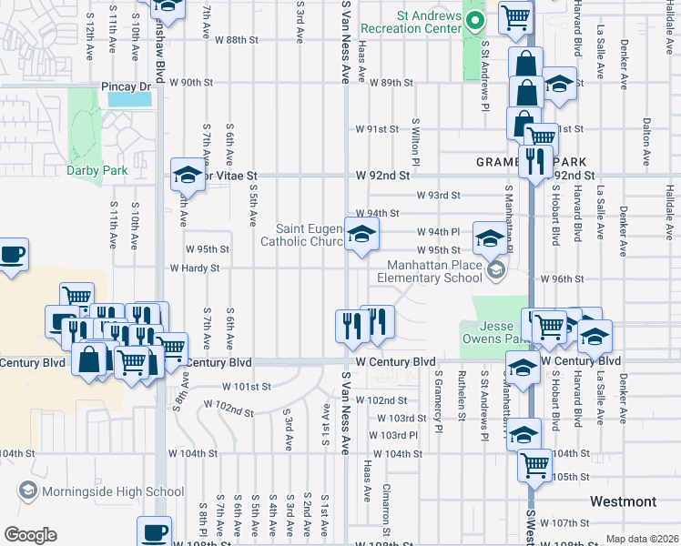 map of restaurants, bars, coffee shops, grocery stores, and more near 2200 West Hardy Street in Inglewood