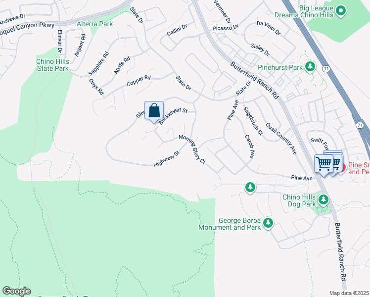 map of restaurants, bars, coffee shops, grocery stores, and more near 5185 Highview Street in Chino Hills