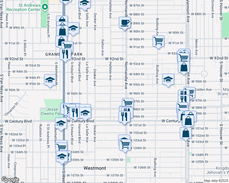 map of restaurants, bars, coffee shops, grocery stores, and more near 1440 West 95th Street in Los Angeles