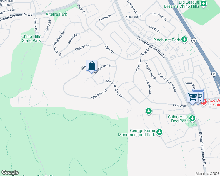 map of restaurants, bars, coffee shops, grocery stores, and more near 5185 Highview Street in Chino Hills
