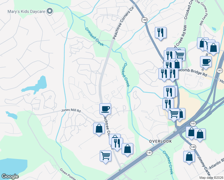 map of restaurants, bars, coffee shops, grocery stores, and more near 1215 Glenleaf Drive in Norcross