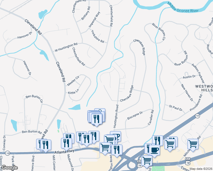 map of restaurants, bars, coffee shops, grocery stores, and more near 201 Mountain Laurel Run in Athens