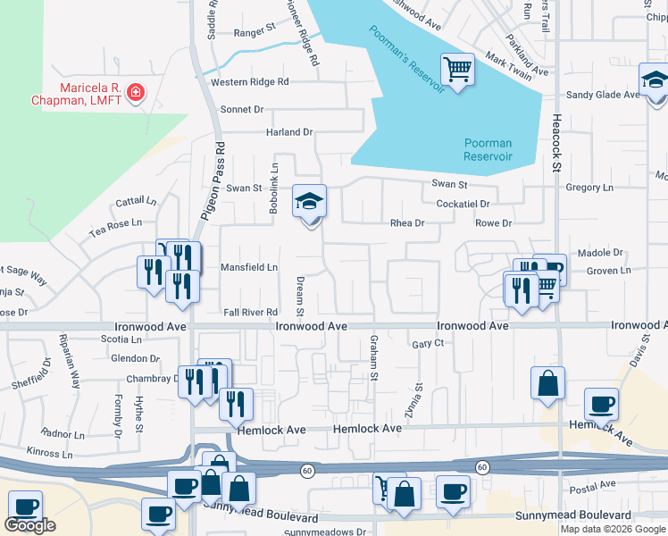 map of restaurants, bars, coffee shops, grocery stores, and more near 11824 Honey Hollow in Moreno Valley