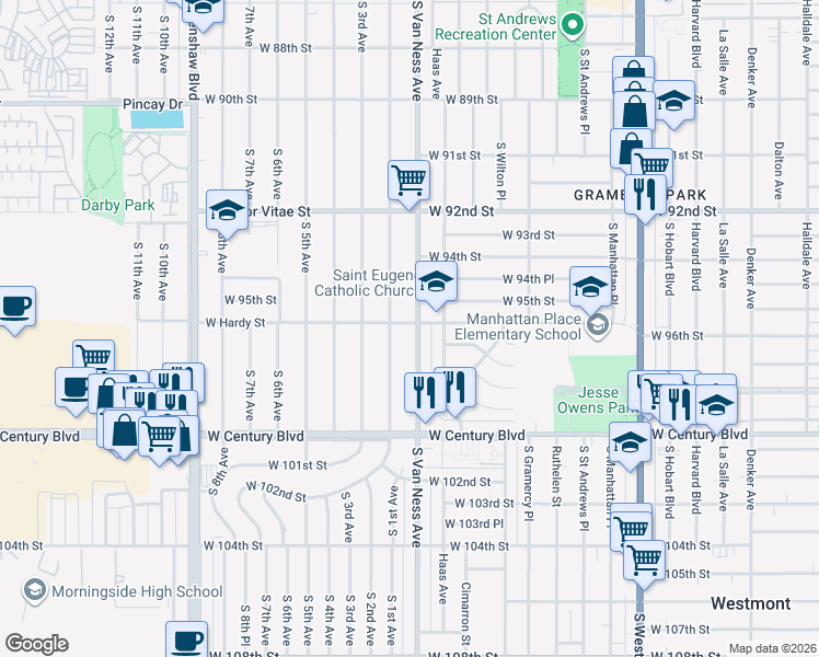 map of restaurants, bars, coffee shops, grocery stores, and more near 2200 West Hardy Street in Inglewood
