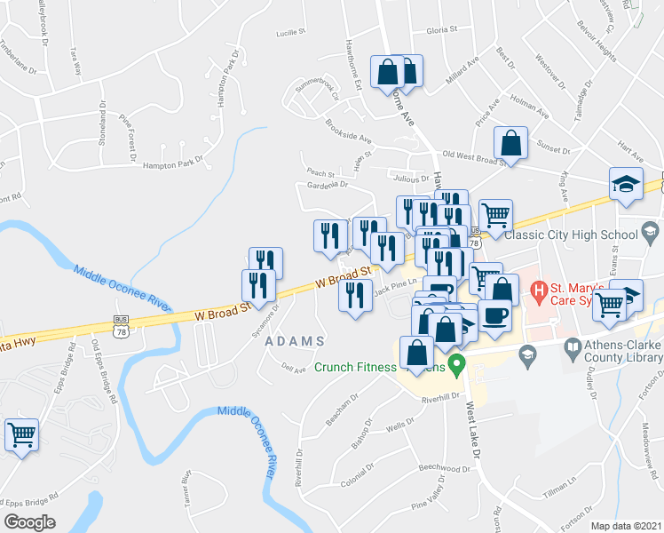 map of restaurants, bars, coffee shops, grocery stores, and more near 2362 West Broad Street in Athens