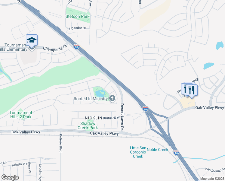 map of restaurants, bars, coffee shops, grocery stores, and more near 13030 Bowker Play Court in Beaumont