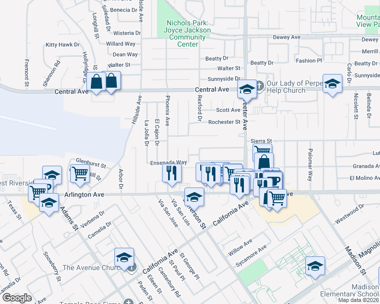 map of restaurants, bars, coffee shops, grocery stores, and more near 6848 Holbrook Way in Riverside