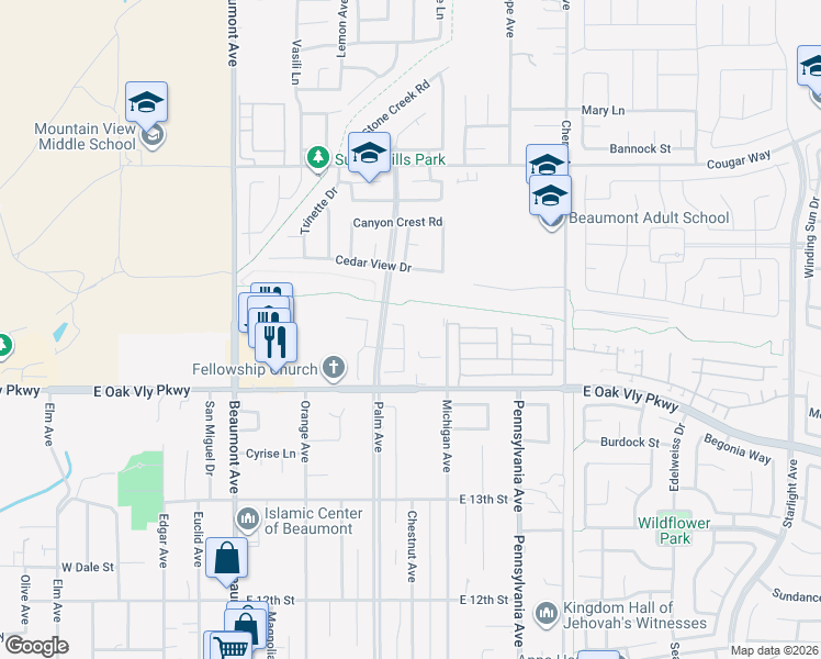 map of restaurants, bars, coffee shops, grocery stores, and more near 1422 Deborah Place in Beaumont