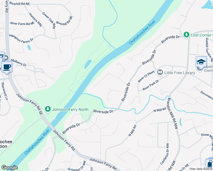 map of restaurants, bars, coffee shops, grocery stores, and more near 165 River North Court in Atlanta