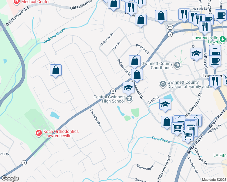 map of restaurants, bars, coffee shops, grocery stores, and more near West Crogan Street in Lawrenceville