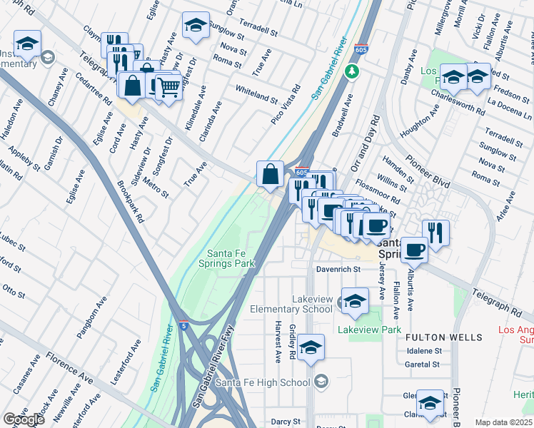 map of restaurants, bars, coffee shops, grocery stores, and more near 9943 Cedardale Drive in Santa Fe Springs