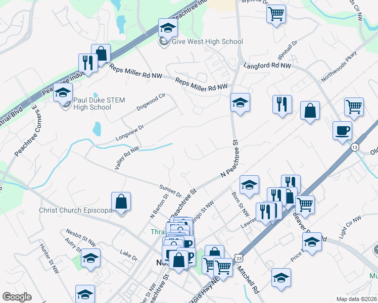 map of restaurants, bars, coffee shops, grocery stores, and more near 300 Chastain Manor Drive in Norcross