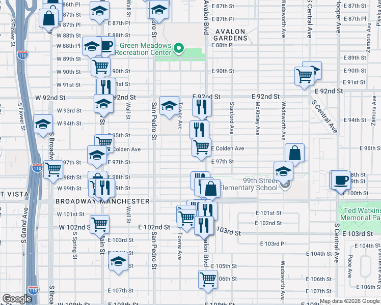 map of restaurants, bars, coffee shops, grocery stores, and more near 439 East Colden Avenue in Los Angeles
