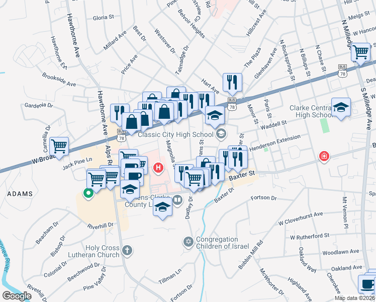 map of restaurants, bars, coffee shops, grocery stores, and more near 252 Colima Avenue in Athens