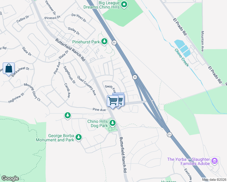 map of restaurants, bars, coffee shops, grocery stores, and more near 16731 Swift Fox Avenue in Chino Hills