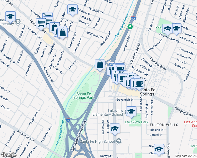 map of restaurants, bars, coffee shops, grocery stores, and more near 9943 Cedardale Drive in Santa Fe Springs