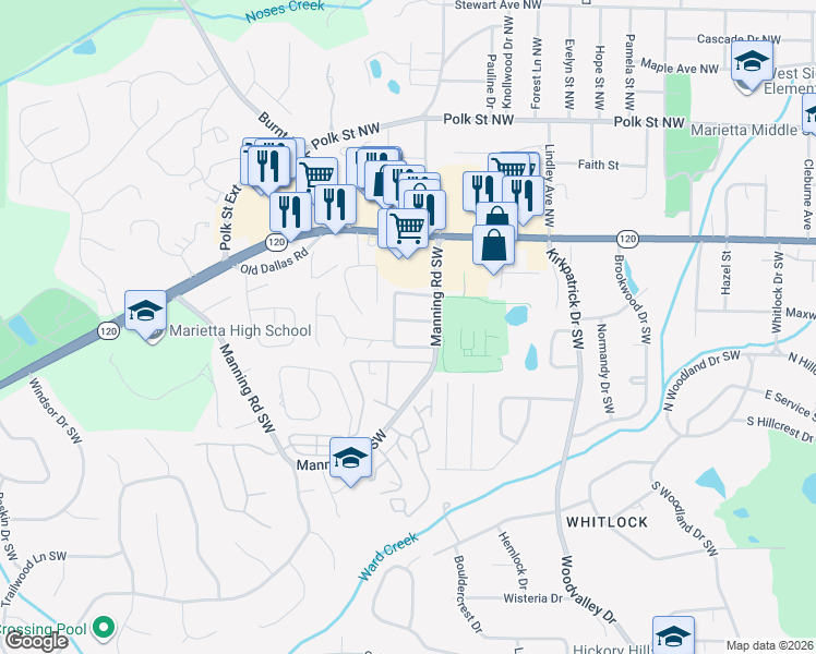 map of restaurants, bars, coffee shops, grocery stores, and more near 769 Rogers Way Southwest in Marietta