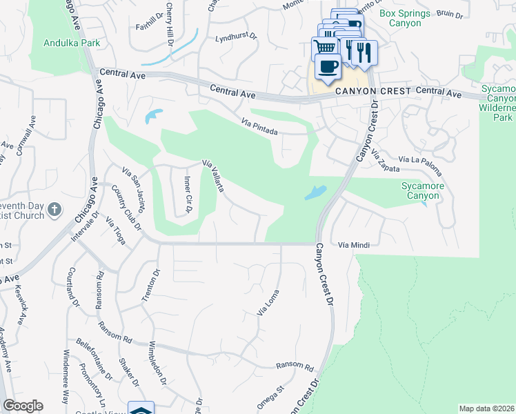 map of restaurants, bars, coffee shops, grocery stores, and more near 1145 Vía Vallarta in Riverside