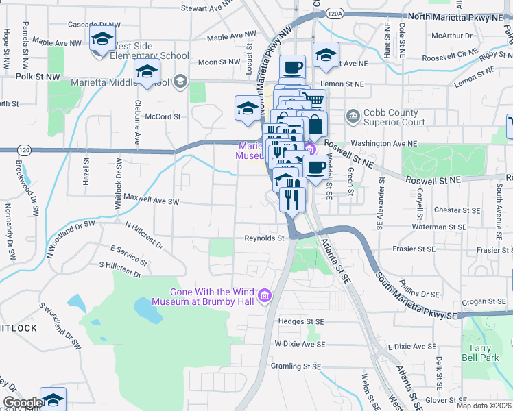 map of restaurants, bars, coffee shops, grocery stores, and more near in Marietta
