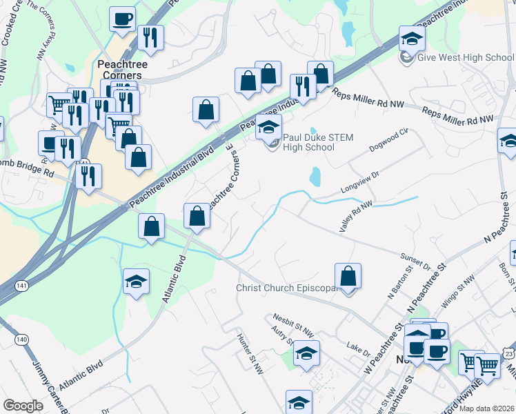 map of restaurants, bars, coffee shops, grocery stores, and more near 122 Doc's Creek Court in Norcross