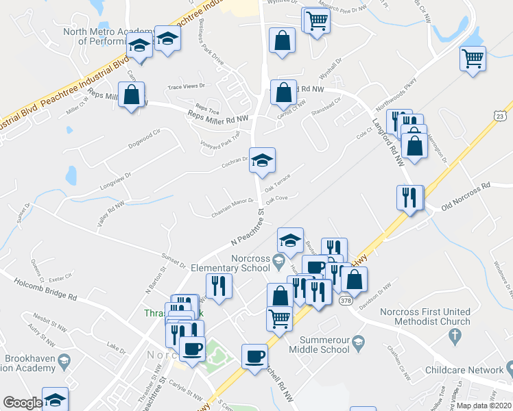map of restaurants, bars, coffee shops, grocery stores, and more near 579 North Peachtree Street in Norcross