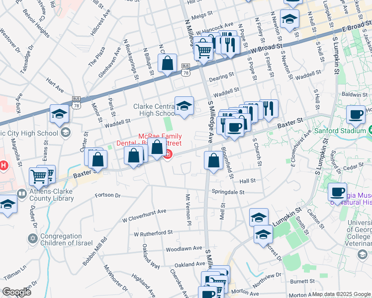 map of restaurants, bars, coffee shops, grocery stores, and more near 350 South Milledge Avenue in Athens