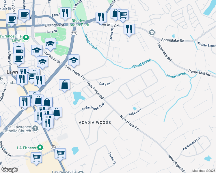 map of restaurants, bars, coffee shops, grocery stores, and more near 34 Duke Drive in Lawrenceville