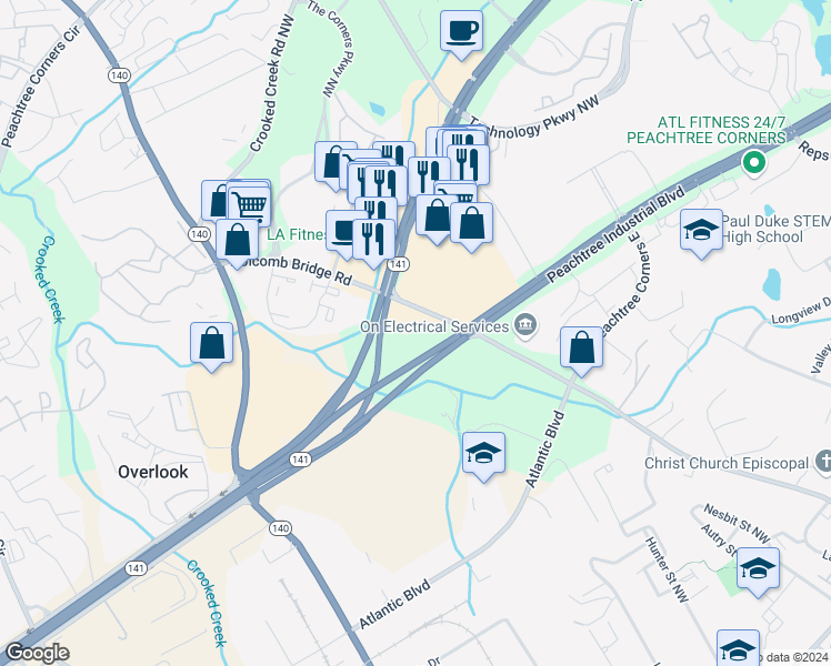 map of restaurants, bars, coffee shops, grocery stores, and more near 3209 Holcomb Bridge Road in Norcross