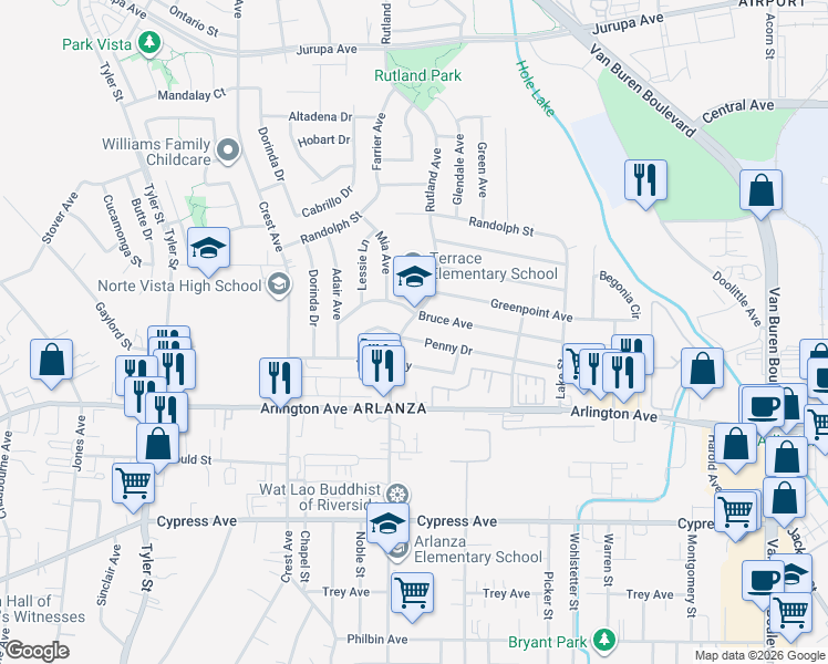 map of restaurants, bars, coffee shops, grocery stores, and more near 8920 Bruce Avenue in Riverside