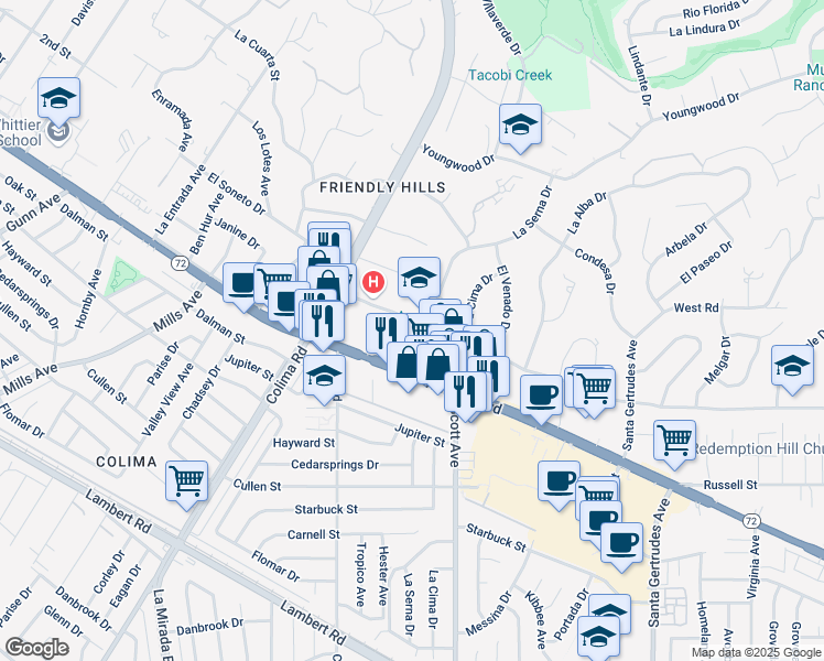 map of restaurants, bars, coffee shops, grocery stores, and more near in Whittier