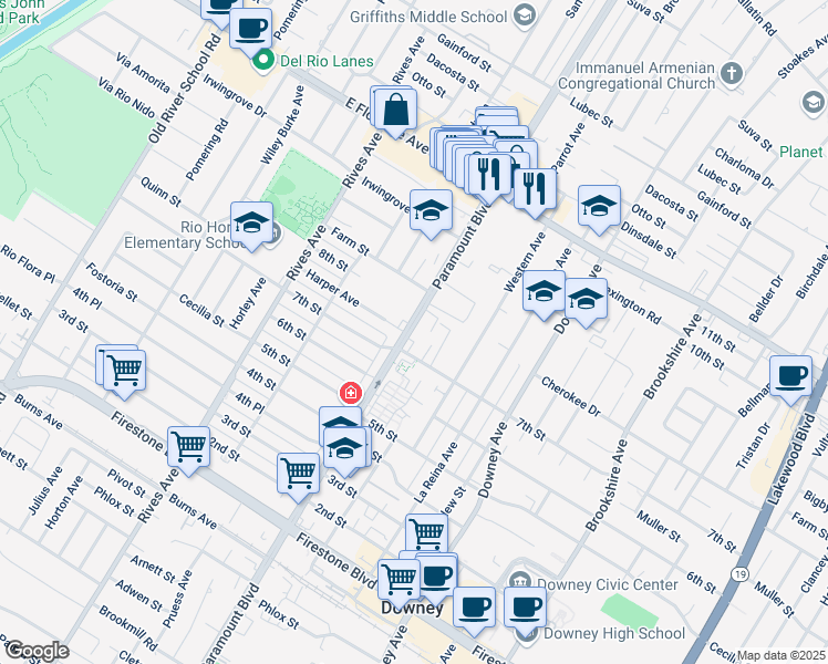 map of restaurants, bars, coffee shops, grocery stores, and more near 10520 Paramount Boulevard in Downey