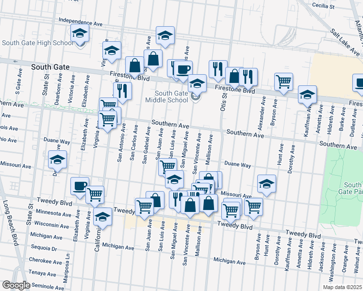 map of restaurants, bars, coffee shops, grocery stores, and more near 9300 San Miguel Avenue in South Gate
