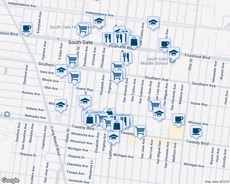 map of restaurants, bars, coffee shops, grocery stores, and more near 9400 Virginia Avenue in South Gate