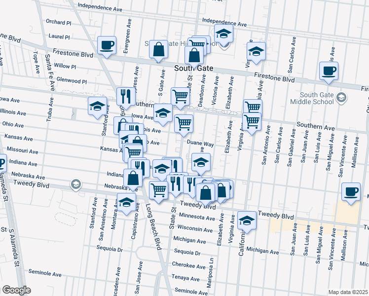 map of restaurants, bars, coffee shops, grocery stores, and more near 9501 State Street in South Gate