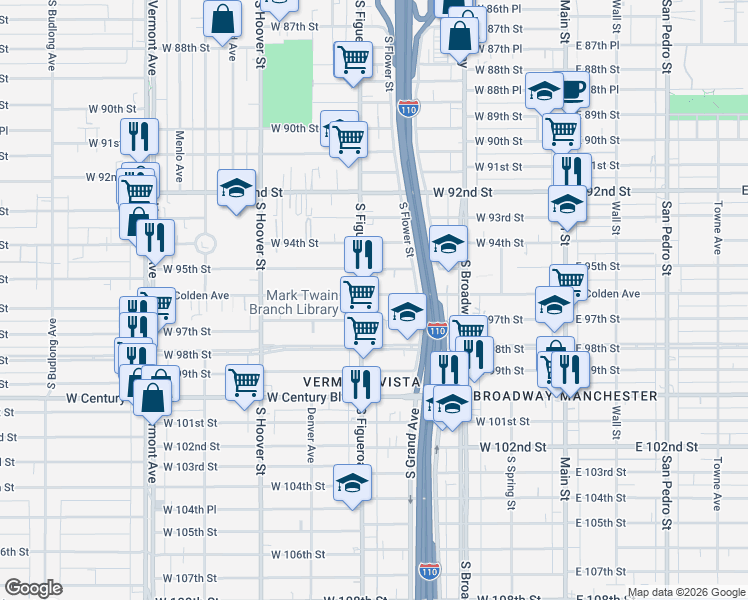 map of restaurants, bars, coffee shops, grocery stores, and more near 9512 South Figueroa Street in Los Angeles