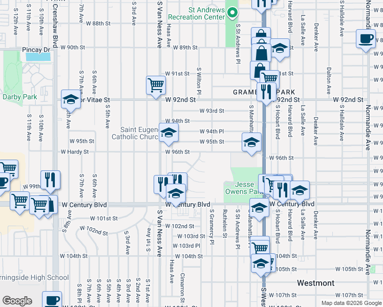 map of restaurants, bars, coffee shops, grocery stores, and more near 2056 West 95th Street in Los Angeles