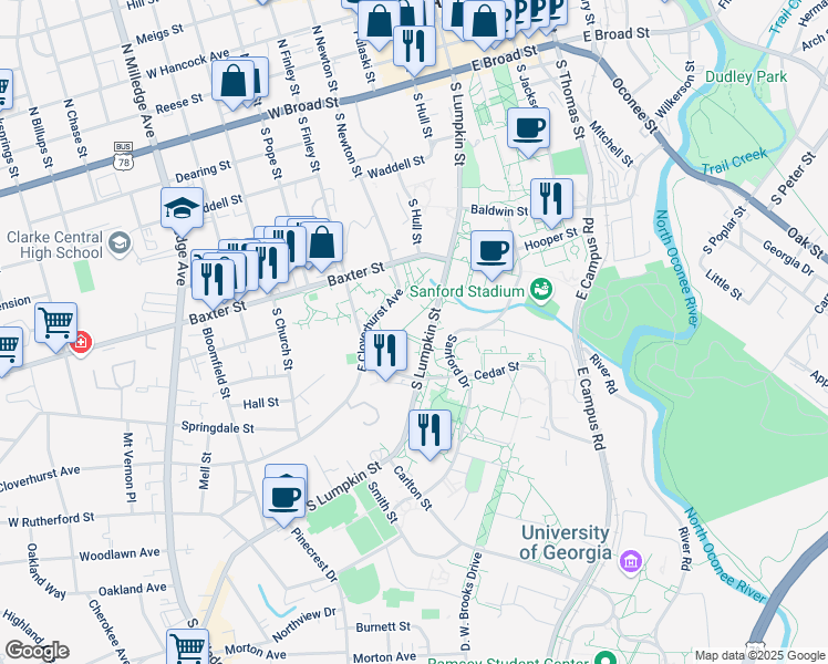map of restaurants, bars, coffee shops, grocery stores, and more near 800 South Lumpkin Street in Athens