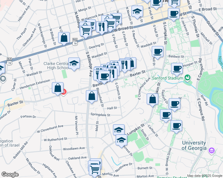 map of restaurants, bars, coffee shops, grocery stores, and more near 723 Baxter Street in Athens