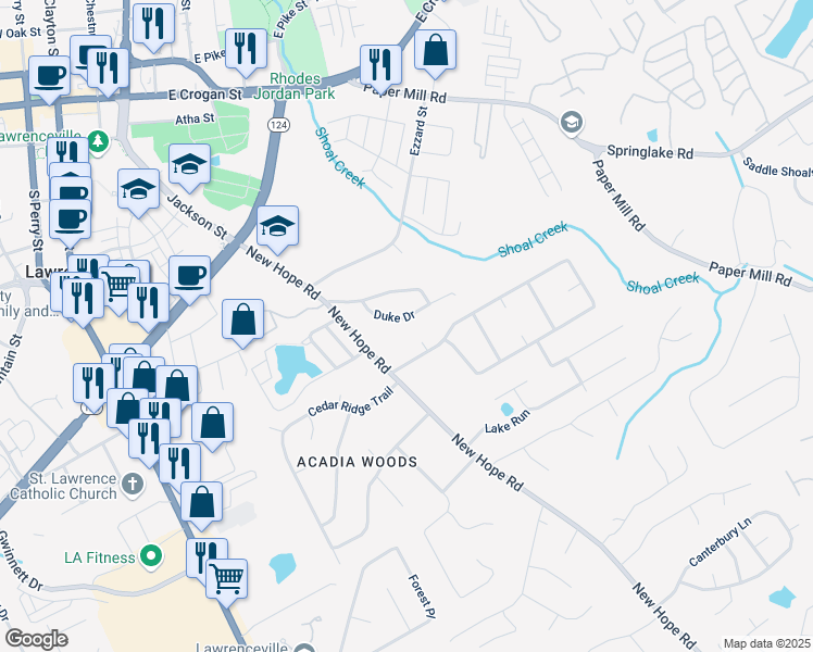 map of restaurants, bars, coffee shops, grocery stores, and more near 34 Duke Drive in Lawrenceville