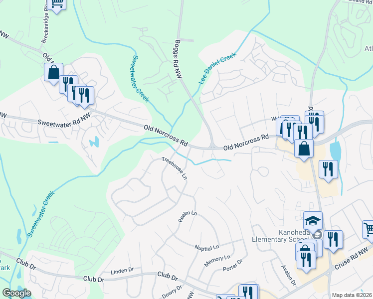 map of restaurants, bars, coffee shops, grocery stores, and more near 1350 Baldridge Drive in Lawrenceville