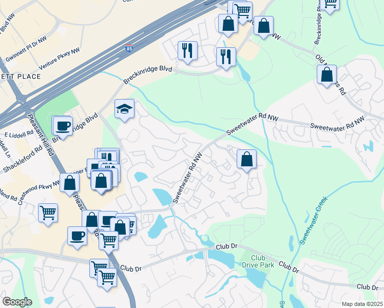 map of restaurants, bars, coffee shops, grocery stores, and more near 3250 Sweetwater Road in Lawrenceville