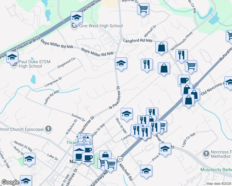 map of restaurants, bars, coffee shops, grocery stores, and more near 579 North Peachtree Street in Norcross