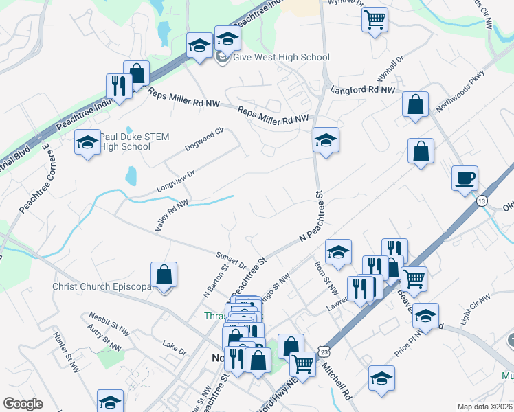 map of restaurants, bars, coffee shops, grocery stores, and more near 300 Chastain Manor Drive in Norcross