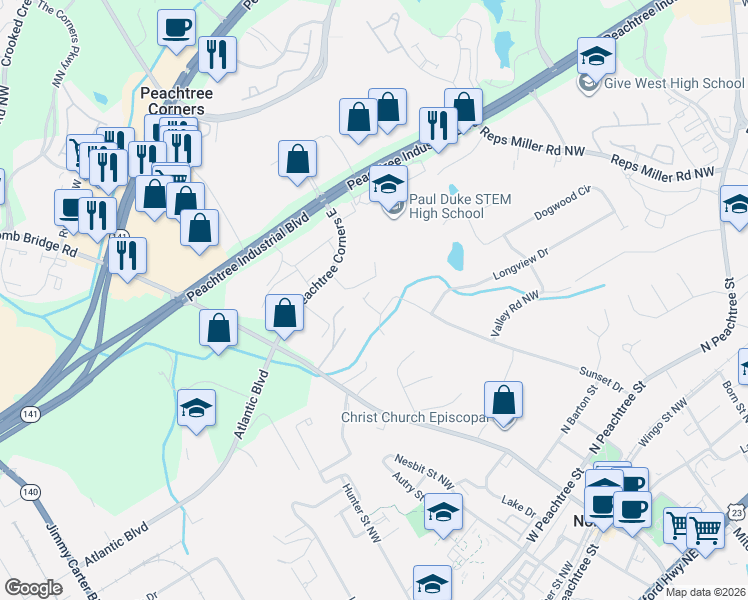 map of restaurants, bars, coffee shops, grocery stores, and more near 122 Doc's Creek Court in Norcross